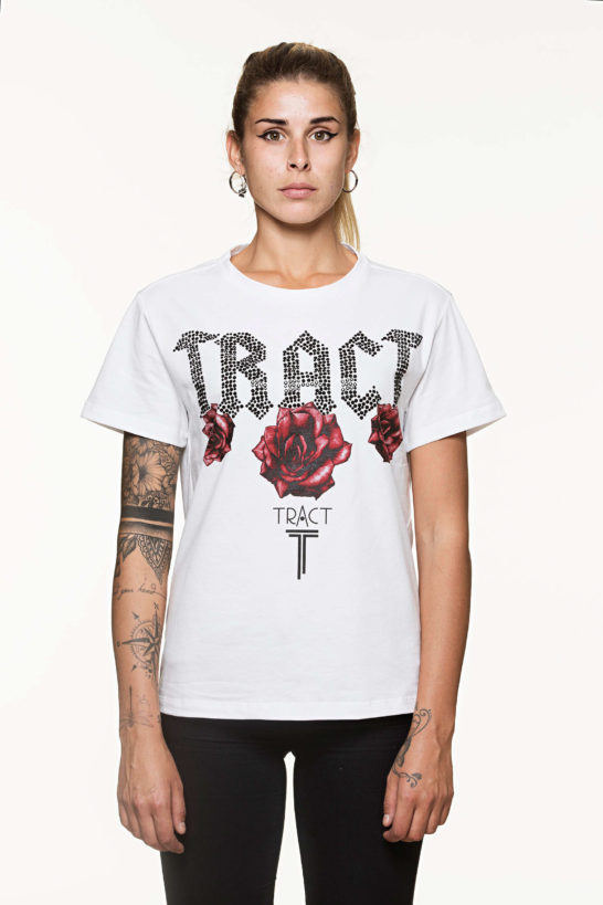 T-shirt woman tract rose white crystal strass black